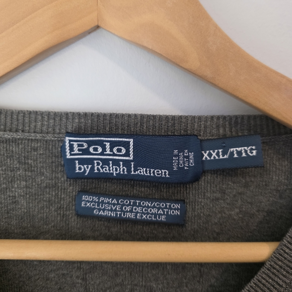 Polo by Ralph Lauren Men's V-Neck Sweater - Gray with Navy Logo - Picture 6 of 9